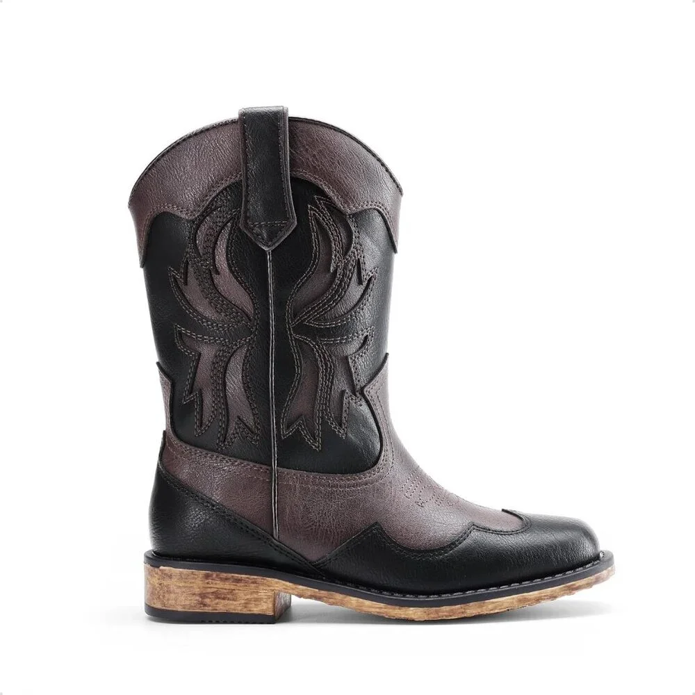 ⚡Girls Brown Black Square Toe Mid Calf Cowgirl Boot Western Fashion Riding Shoes